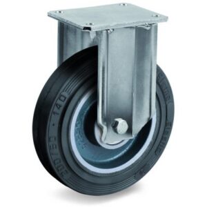 Vulcanised Sigma Elastic Rubber Tyre with Cast Iron Centre, Fixed Top Plate Castor, EP Duty