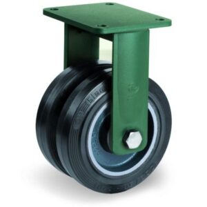 Vulcanised Sigma Elastic Rubber Tyre with Cast Iron Centre, Electro Welded Twin Wheel Fixed Top Plate Castor, EEG HD Duty
