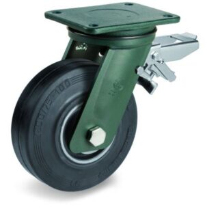 Vulcanised Sigma Elastic Rubber Tyre with Cast Iron Centre, Electro Welded Swivel Top Plate Castor with Brake, EE HD Duty