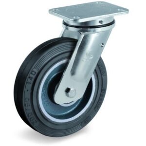 Vulcanised Sigma Elastic Rubber Tyre with Cast Iron Centre, Electro Welded Swivel Top Plate Castor, EE MHD Duty