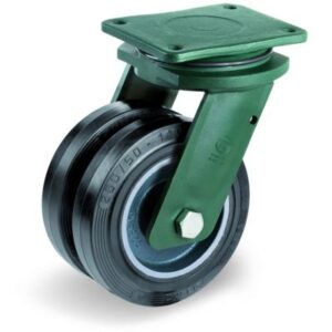 Vulcanised Sigma Elastic Rubber Tyre with Cast Iron Centre, Electro Welded Twin Wheel Swivel Top Plate Castor, EEG HD Duty