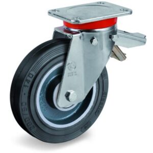 Vulcanised Sigma Elastic Rubber Tyre with Cast Iron Centre, Swivel Top Plate Castor with Brake, EP Duty