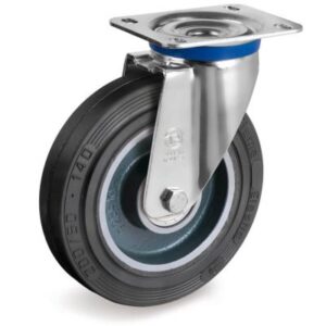 Vulcanised Sigma Elastic Rubber Tyre with Cast Iron Centre, Swivel Top Plate Castor, M Duty