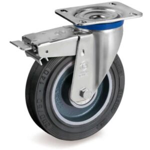 Vulcanised Sigma Elastic Rubber Tyre with Cast Iron Centre, Swivel Top Plate Castor with Brake, M Duty