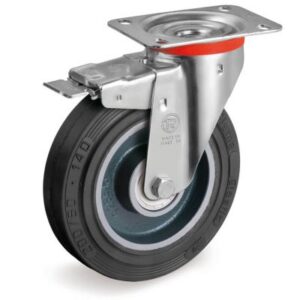 Vulcanised Sigma Elastic Rubber Tyre with Cast Iron Centre, Swivel Top Plate Castor with Brake, NL Duty