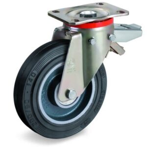Vulcanised Sigma Elastic Rubber Tyre with Cast Iron Centre, Swivel Top Plate Castor with Brake, P Duty