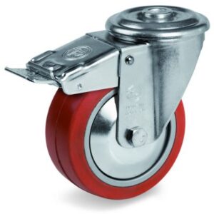Red Non-Marking Silicon Rubber Tyre with Aluminium Centre, Bolt Hole Castor with Brake, NL Duty