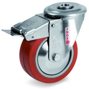 Red Non-Marking Silicon Rubber Tyre with Aluminium Centre, Stainless Steel Bolt Hole Castor with Brake, NLX Duty