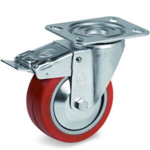 Red Non-Marking Silicon Rubber Tyre with Aluminium Centre, Swivel Top Plate Castor with Brake, NL Duty