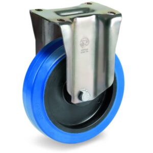 Blue Non-Marking Elastic Rubber Tyre with Black Polyamide 6 Centre, Fixed Top Plate Castor, P Duty