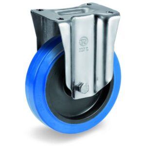 Blue Non-Marking Elastic Rubber Tyre with Black Polyamide 6 Centre, Fixed Top Plate Castor, NL Duty