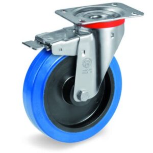 Blue Non-Marking Elastic Rubber Tyre with Black Polyamide 6 Centre, Swivel Top Plate Castor with Brake, NL Duty