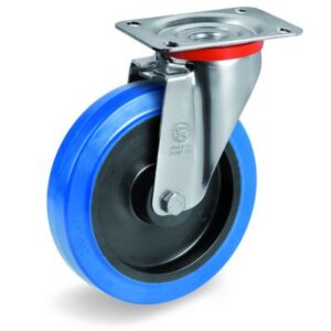 Blue Non-Marking Elastic Rubber Tyre with Black Polyamide 6 Centre, Swivel Top Plate Castor, NL Duty