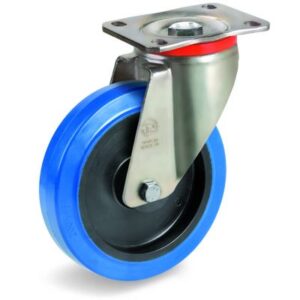 Blue Non-Marking Elastic Rubber Tyre with Black Polyamide 6 Centre, Swivel Top Plate Castor, P Duty