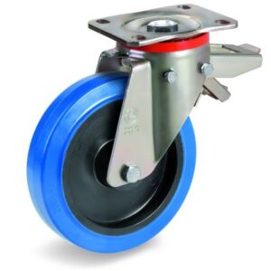 Blue Non-Marking Elastic Rubber Tyre with Black Polyamide 6 Centre, Swivel Top Plate Castor with Brake, P Duty