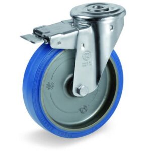 Blue Non-Marking Sigma Elastic Tyre Bonded to Polyamide 6 Centre, Bolt Hole Castor with Brake , NL Duty