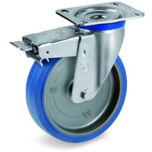 Blue Non-Marking Sigma Elastic Tyre Bonded to Polyamide 6 Centre, Swivel Top Plate Castor with Brake, M Duty