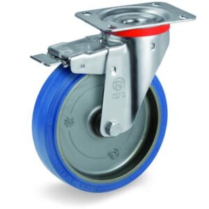 Blue Non-Marking Sigma Elastic Tyre Bonded to Polyamide 6 Centre, Swivel Top Plate Castor with Brake, NL Duty