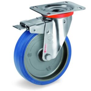Blue Non-Marking Sigma Elastic Tyre Bonded to Polyamide 6 Centre, Stainless Steel Swivel Top Plate Castor with Brake, NLX Duty