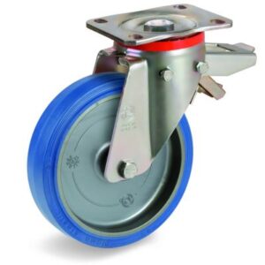 Blue Non-Marking Sigma Elastic Tyre Bonded to Polyamide 6 Centre, Swivel Top Plate Castor with Brake, P Duty