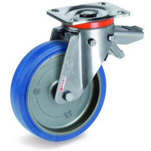 Blue Non-Marking Sigma Elastic Tyre Bonded to Polyamide 6 Centre, Stainless Steel Swivel Top Plate Castor with Brake, PX Duty