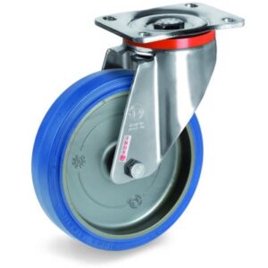 Blue Non-Marking Sigma Elastic Tyre Bonded to Polyamide 6 Centre, Stainless Steel Swivel Top Plate Castor, PX Duty