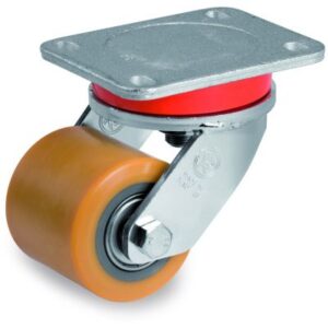 TR Polyurethane Pallet Truck Roller with Steel Centre and Labyrinth Seal, Electro Welded Swivel Top Plate Castor, EE MHD duty