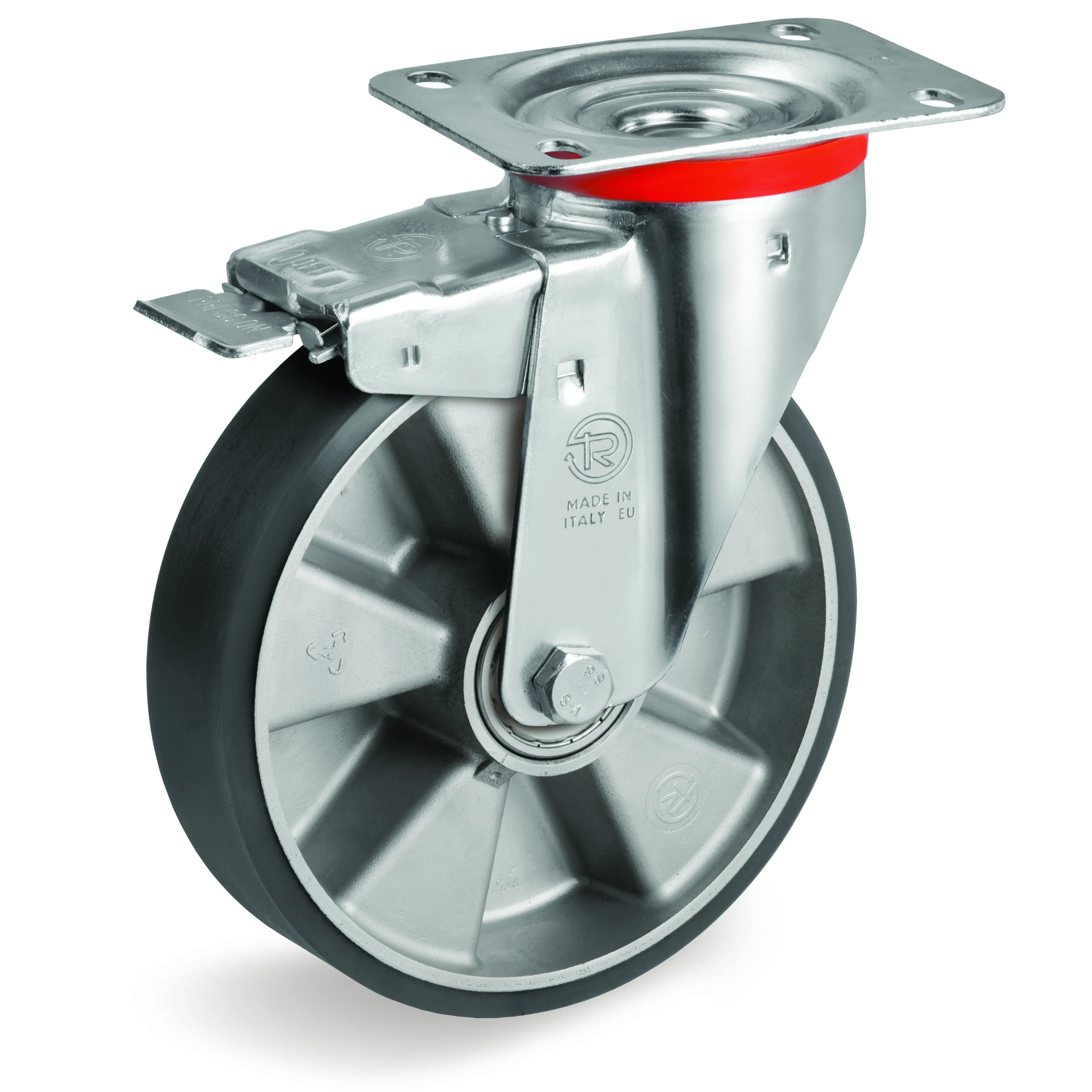 TR Polyurethane Tyre with Electrical Resistance and Aluminium Centre, Swivel Top Plate Castor with Brake, NL Duty