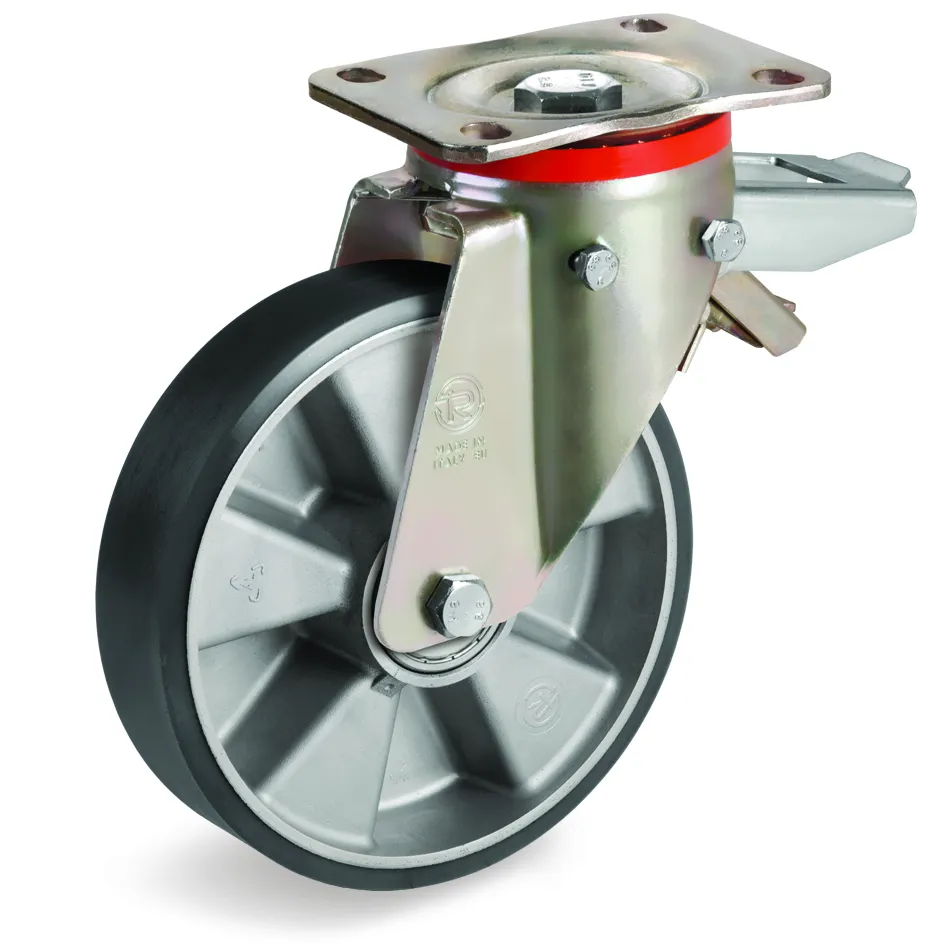 TR Polyurethane Tyre with Electrical Resistance and Aluminium Centre, Swivel Top Plate Castor with Brake, P Duty