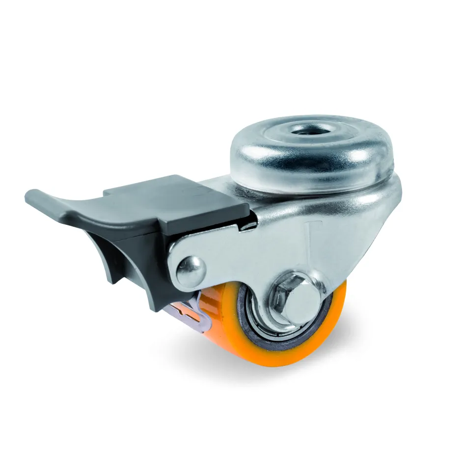 TR Polyurethane Pallet Truck Roller with Steel Centre, Bolt Hole Castor with Brake