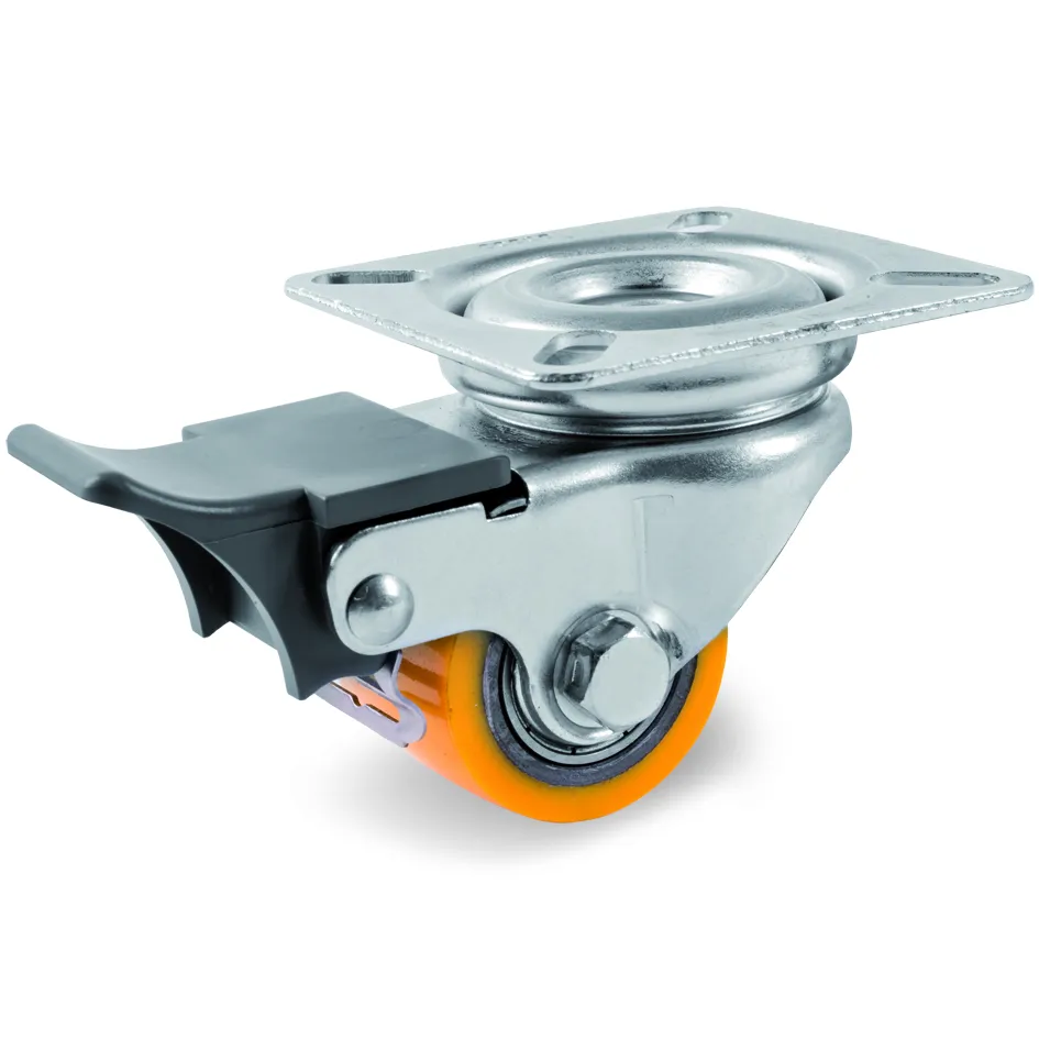 TR Polyurethane Pallet Truck Roller with Steel Centre, Swivel Top Plate Castor with Brake